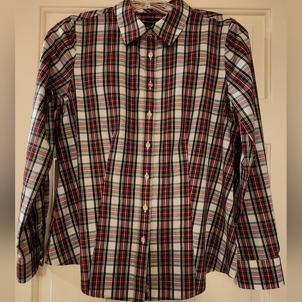 TALBOT'S PLAID NON IRON PERFECT SHIRT WITH METALLIC THREAD NWOT UNWORN S PETITE